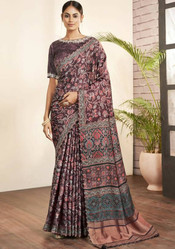 Purple Gajji Silk Floral Print with Hand work Border Saree - Norita Nirvi | Grocsy