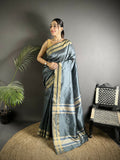 Joban Fashion Dark Grey Woven Pattern Raw Silk Kanjivaram Silk Saree | Grocsy