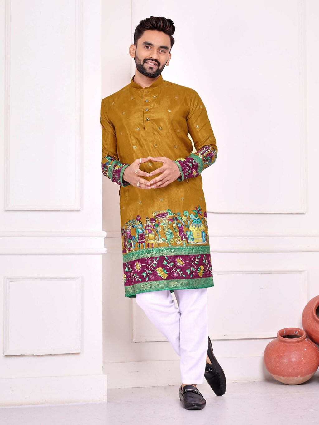 Anaita Mustard Dola Silk Straight Kurta With Foil Work | Grocsy