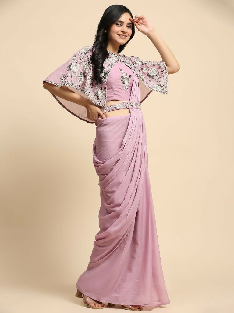 Pink Chiffon Solid Ready to wear Saree with stitched Blouse - Aayan | Grocsy