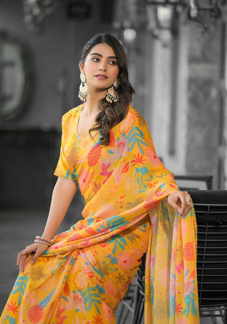 stylish Casual Yellow Imported georgette Ready to Wear Fancy Saree - Ashwini | Grocsy