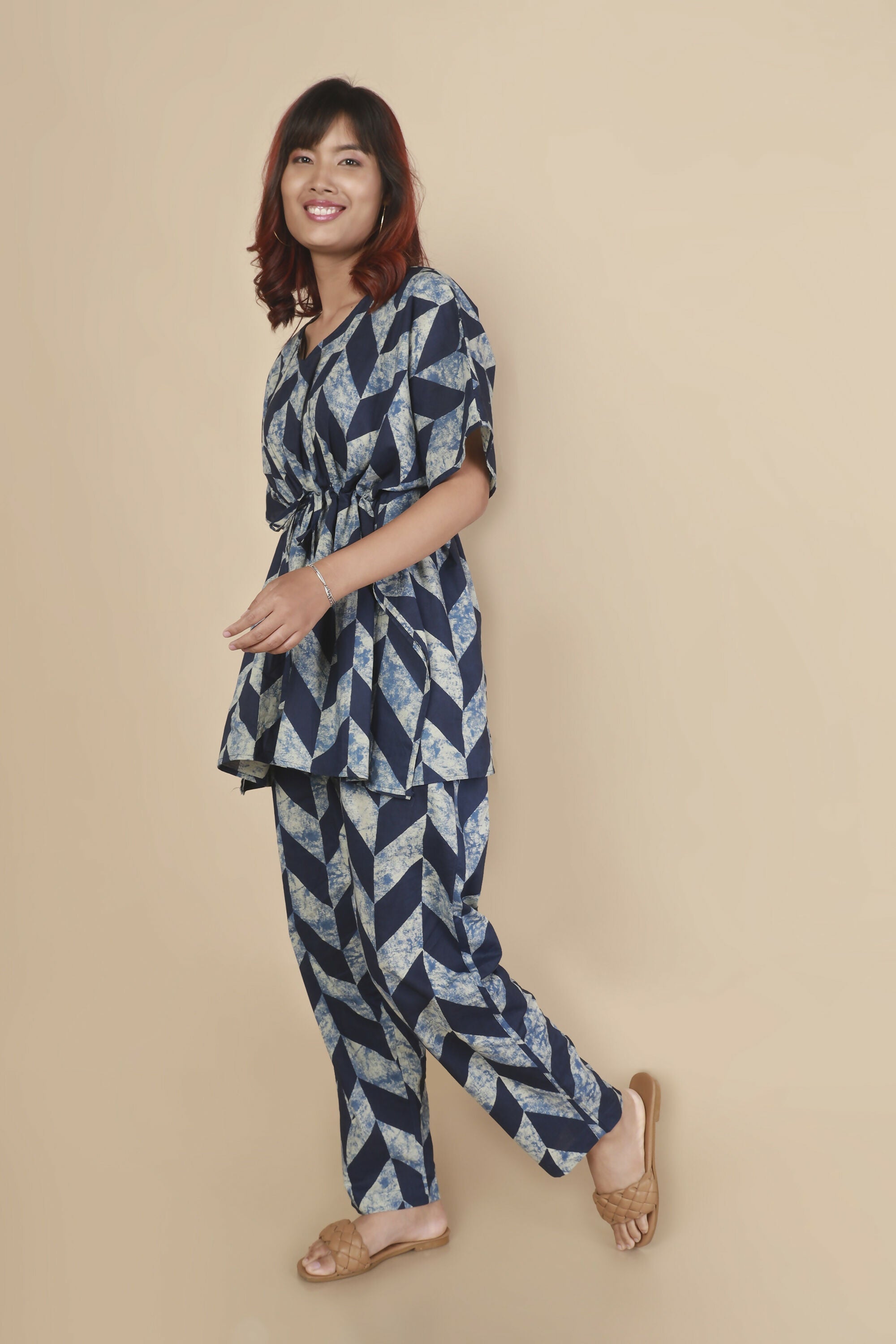 Breathables Women’S Loungewear Kaftan Cotton Blue Geometric Print Co-Ord Set | Grocsy