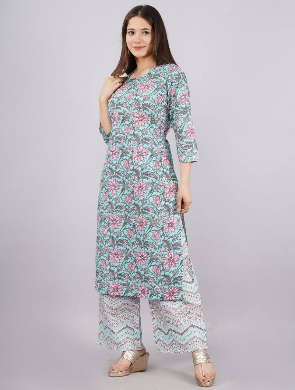 Vamika Printed Cotton Sky Blue Party Wear/Casual Wear Kurta Set/Suit | Grocsy