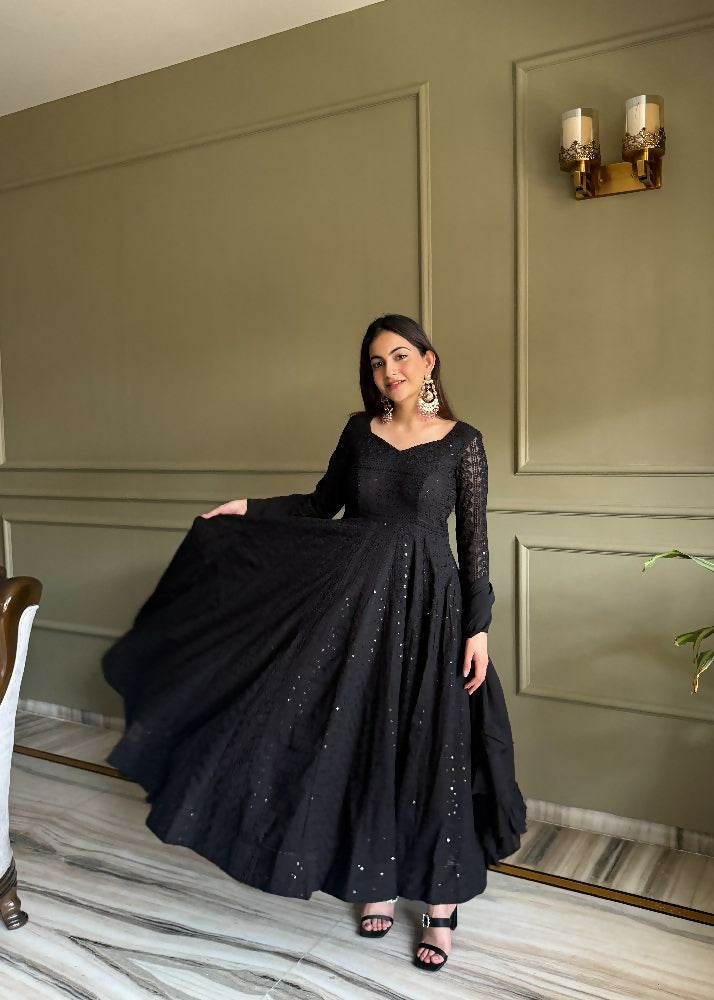 Teeya Creation Black Color Faux Georgette Heavy Embroidery Work Functional Wear Gown | Grocsy