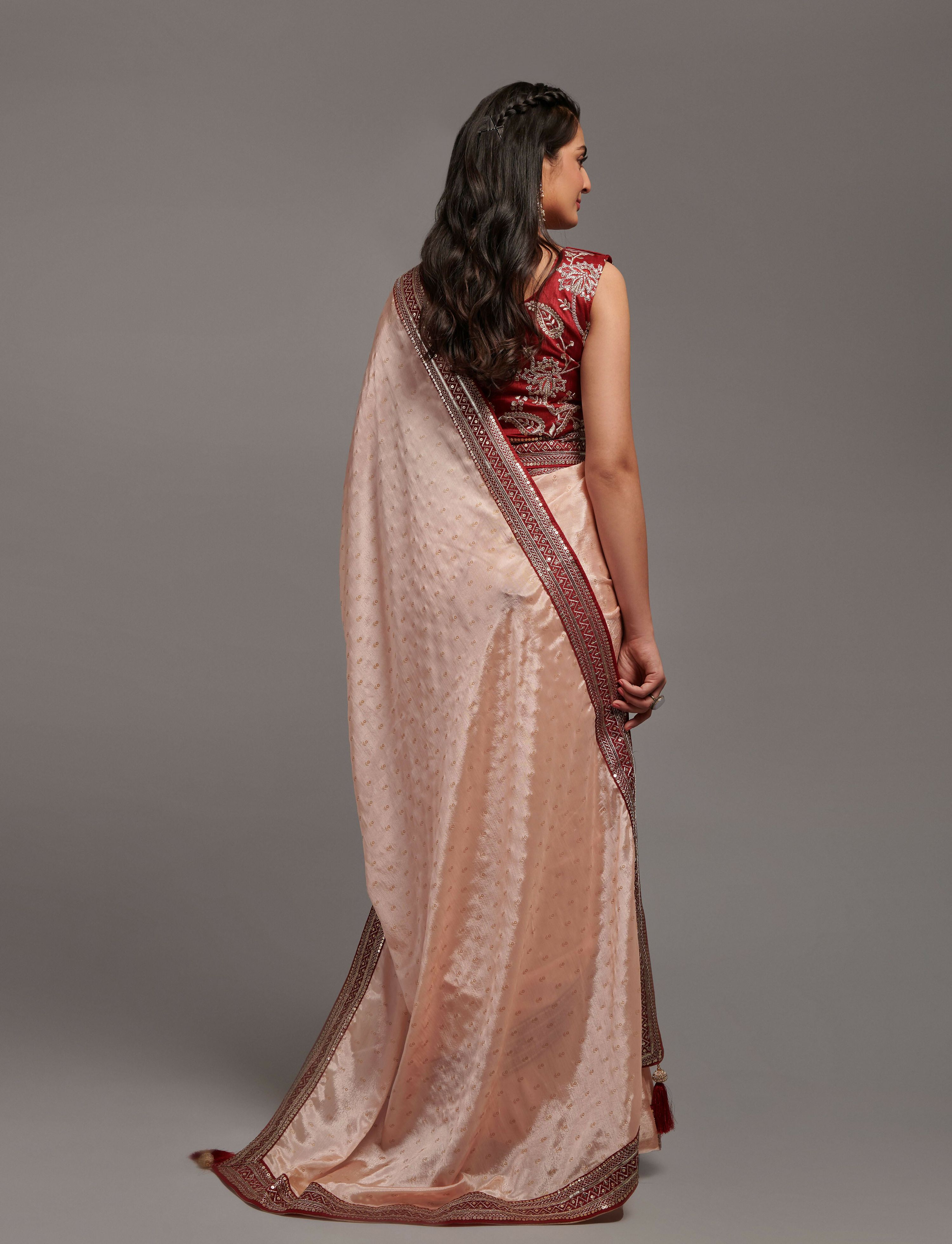 PR Fashion Peach Chinon Embroidery Lace Saree | Grocsy