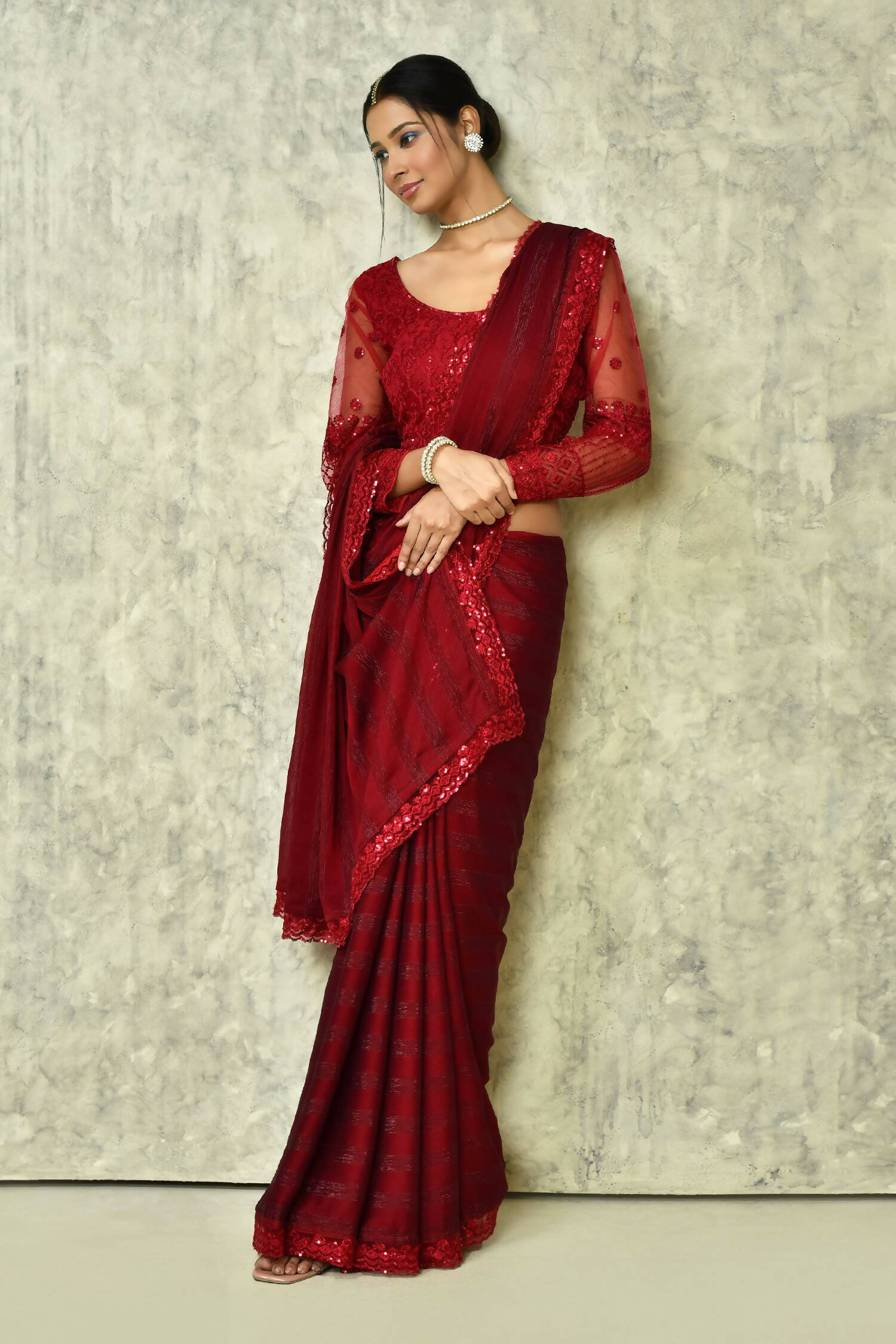 Maroon Silk Stripe Saree With Blouse Piece - Purvi | Grocsy