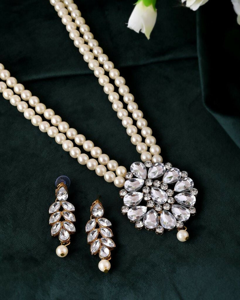 VOJ Gold-Polished Kundan Studded Pearl Long Necklace And Earrings Set | Grocsy