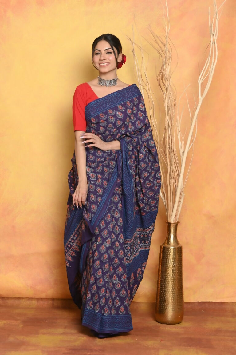 Very Much Indian Handblock Printed Cotton Saree With Natural Dyes - Blue | Grocsy