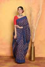 Very Much Indian Handblock Printed Cotton Saree With Natural Dyes - Blue | Grocsy