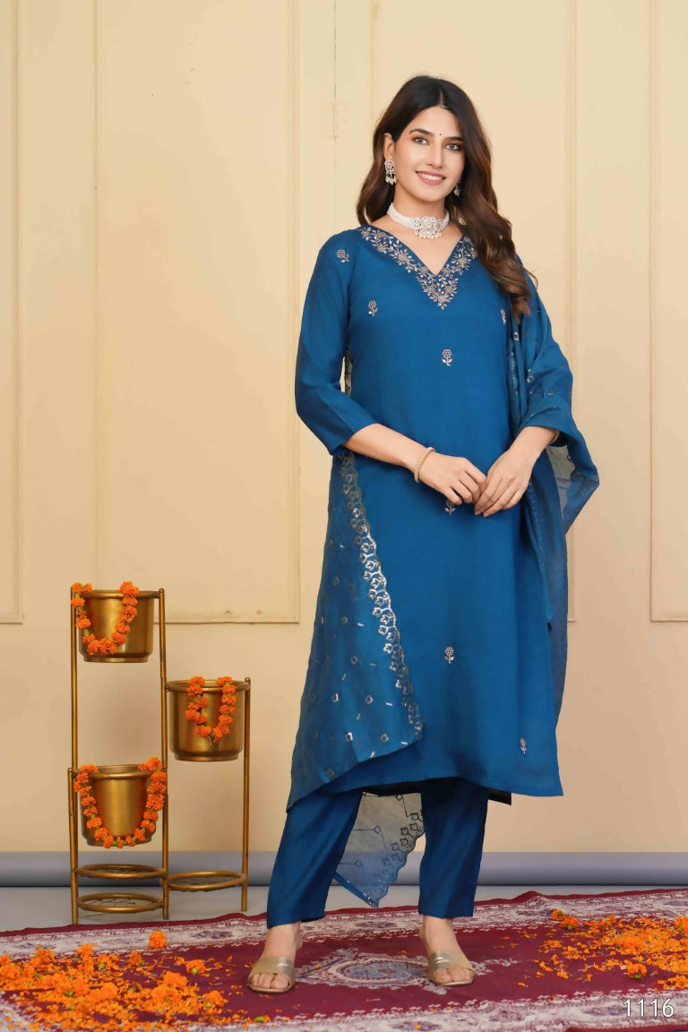 Rama Viscose Chanderi Embroidered Stitched Suit With Dupatta - Tanisha | Grocsy