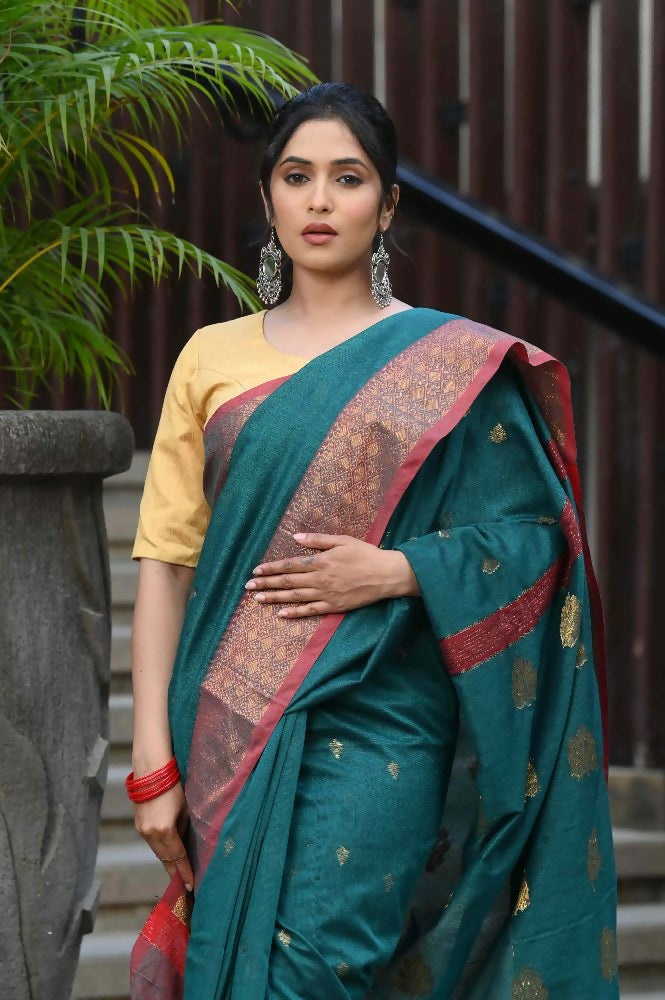 Beatitude Green Cotton Banarasi Saree | Grocsy
