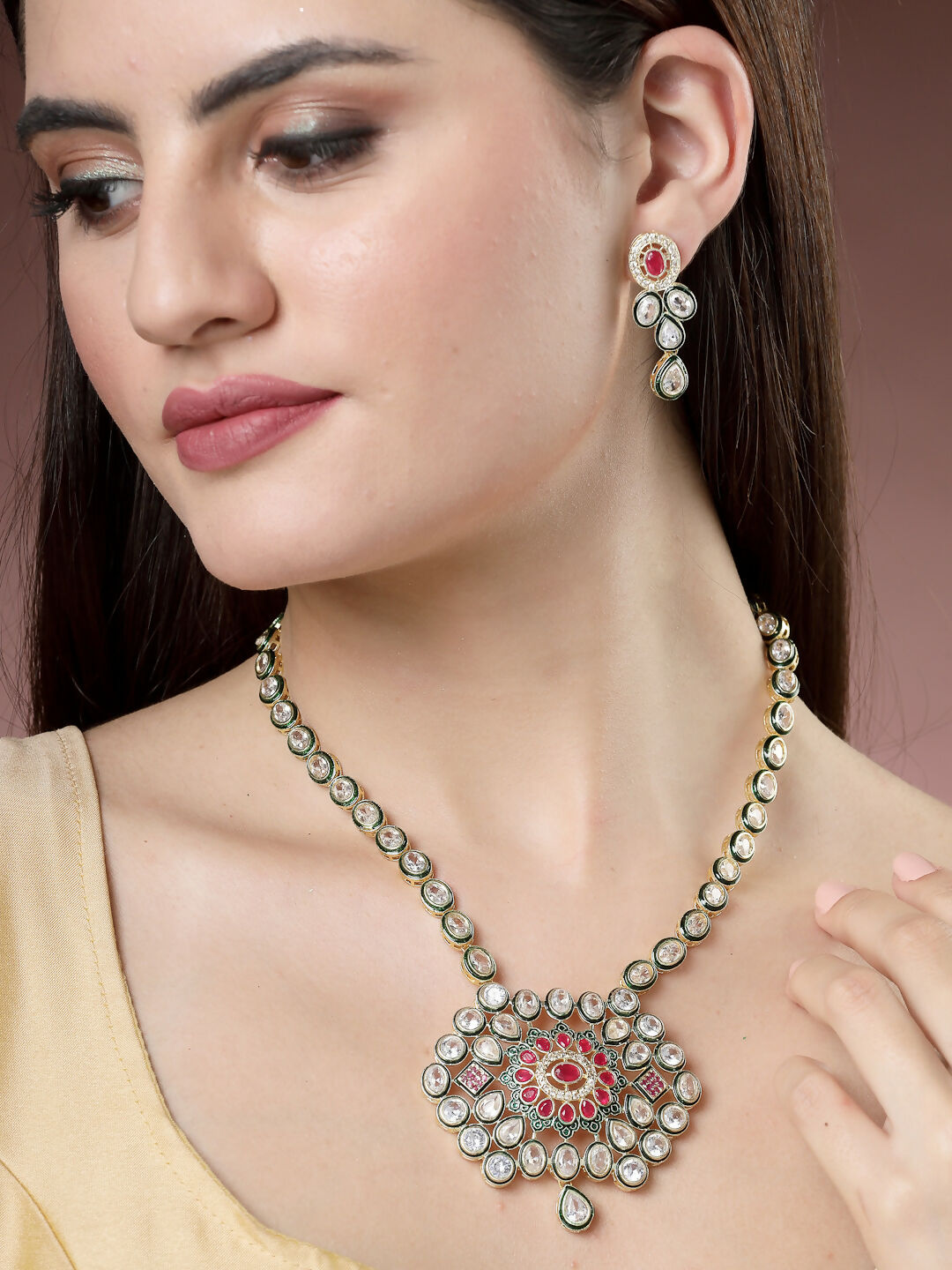 NVR Women's Red & Gold Kundan Studded Handcrafted Jewellery Set | Grocsy