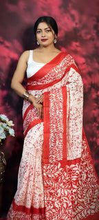 Exclusive Collection Beautiful Batique Print Red Pure Cotton Hand Print Handloom Saree With Running Blouse Piece | Grocsy