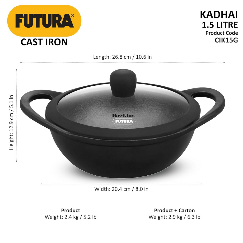 Hawkins Futura Cast Iron Nonstick Kadai with Glass Lid - Black (CIK15G) | Grocsy