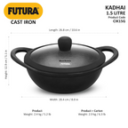 Hawkins Futura Cast Iron Nonstick Kadai with Glass Lid - Black (CIK15G) | Grocsy