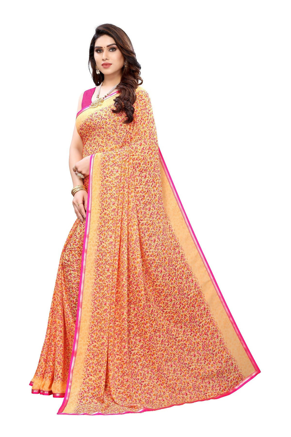 Vamika Ethnic Fire Orange Printed With Lace Saree | Grocsy