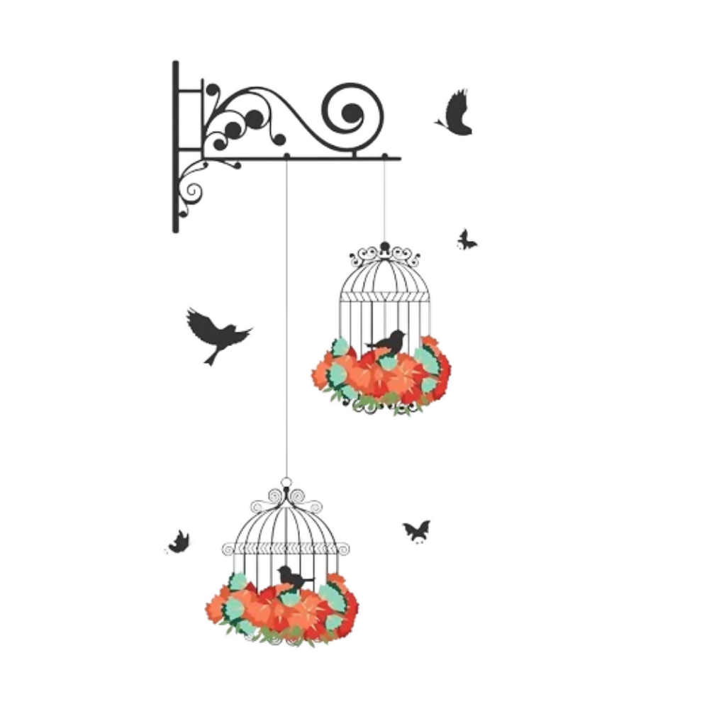 Decals Design 'Hanging Birds Cage with Flowers' Wall Sticker (PVC Vinyl, 50 cm x 70 cm) | Grocsy