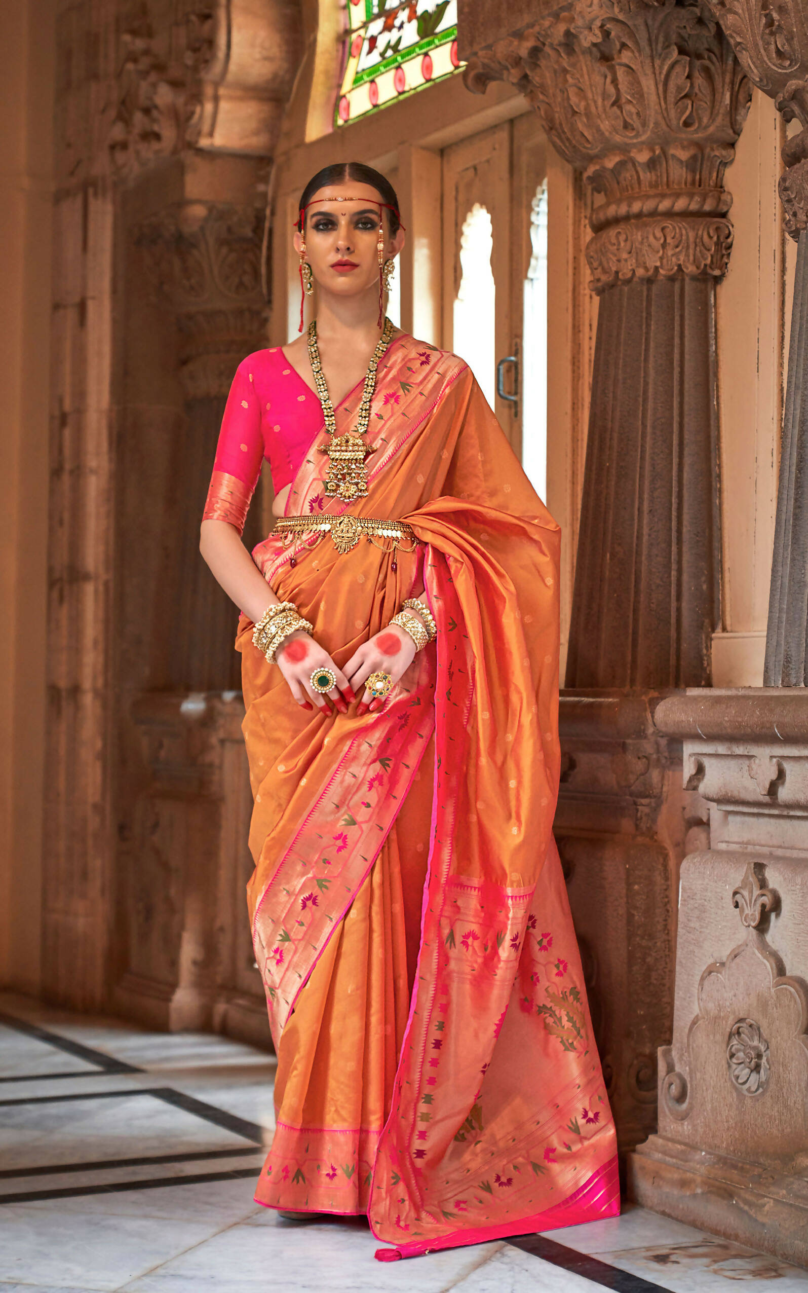 Orange Soft V.P. Silk Magnum Finish, Weaving, Golden Zari Paithani Silk Saree - Rath Kadampalli | Grocsy