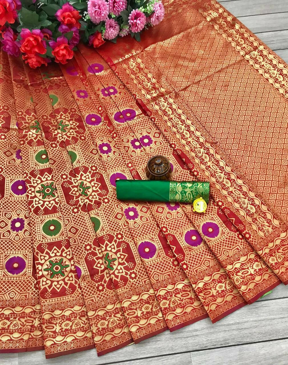 DEIANA'S Beautiful Designer Golden zari Soft Lichi Silk Saree - Red | Grocsy