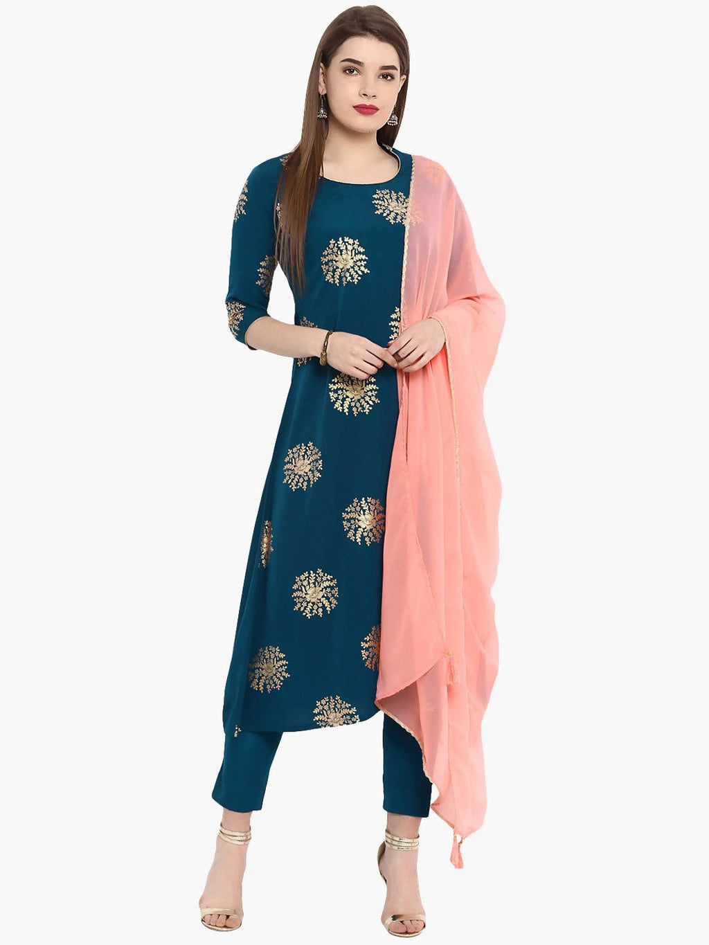 Janasya Women Flower Golden Foil Kurta Set with Dipped Hemline | Grocsy