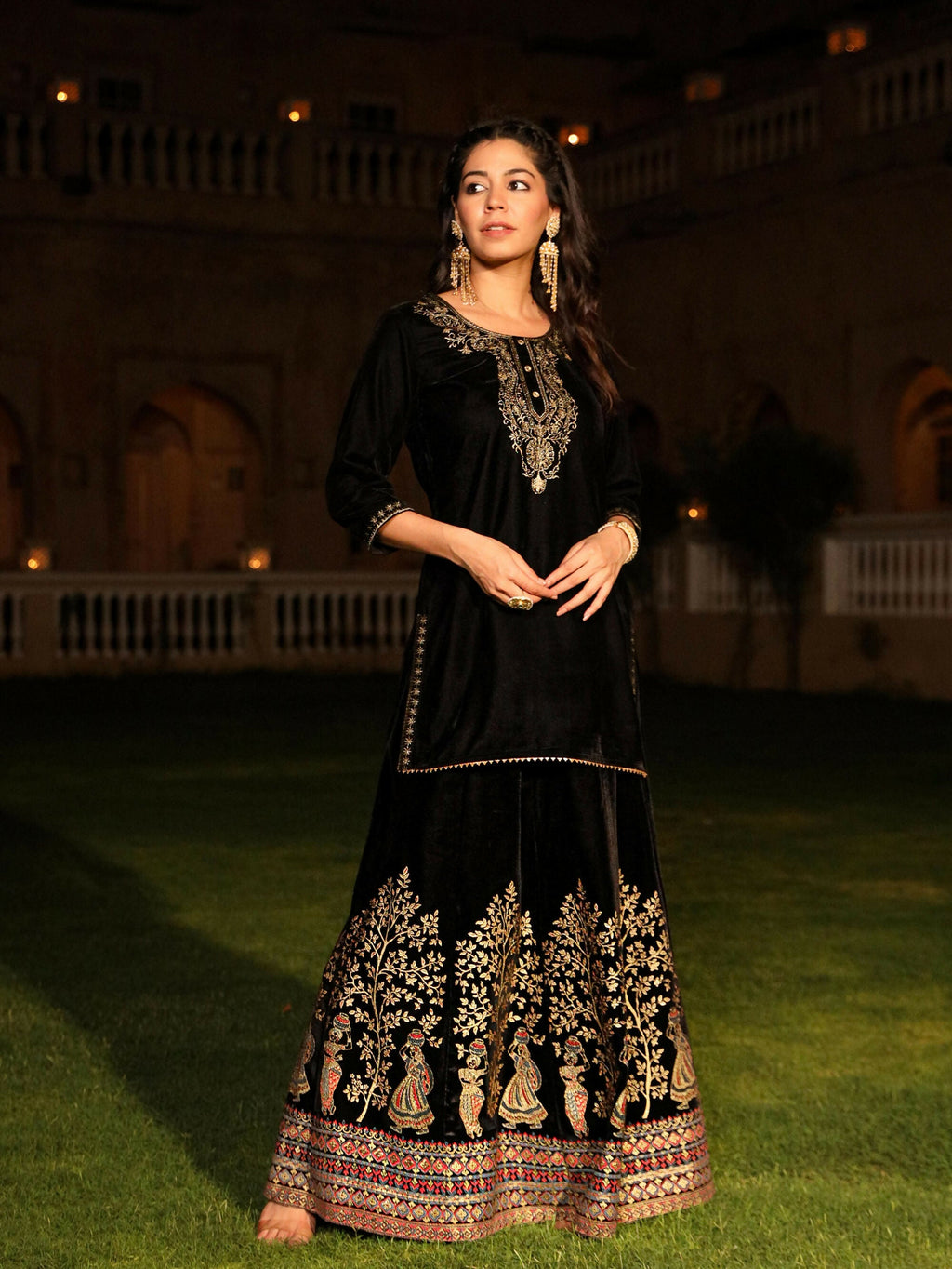 Juniper Women's The Sunehri Black Zari Embroidered Velvet Top & Skirt Set With Sequins & Buttons | Grocsy
