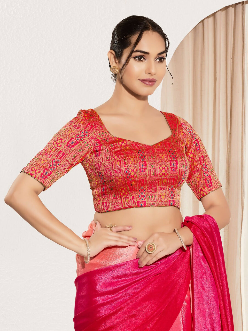Joban Fashion Red Brocade Padded Blouse With Round Neck Elbow Sleeves | Grocsy