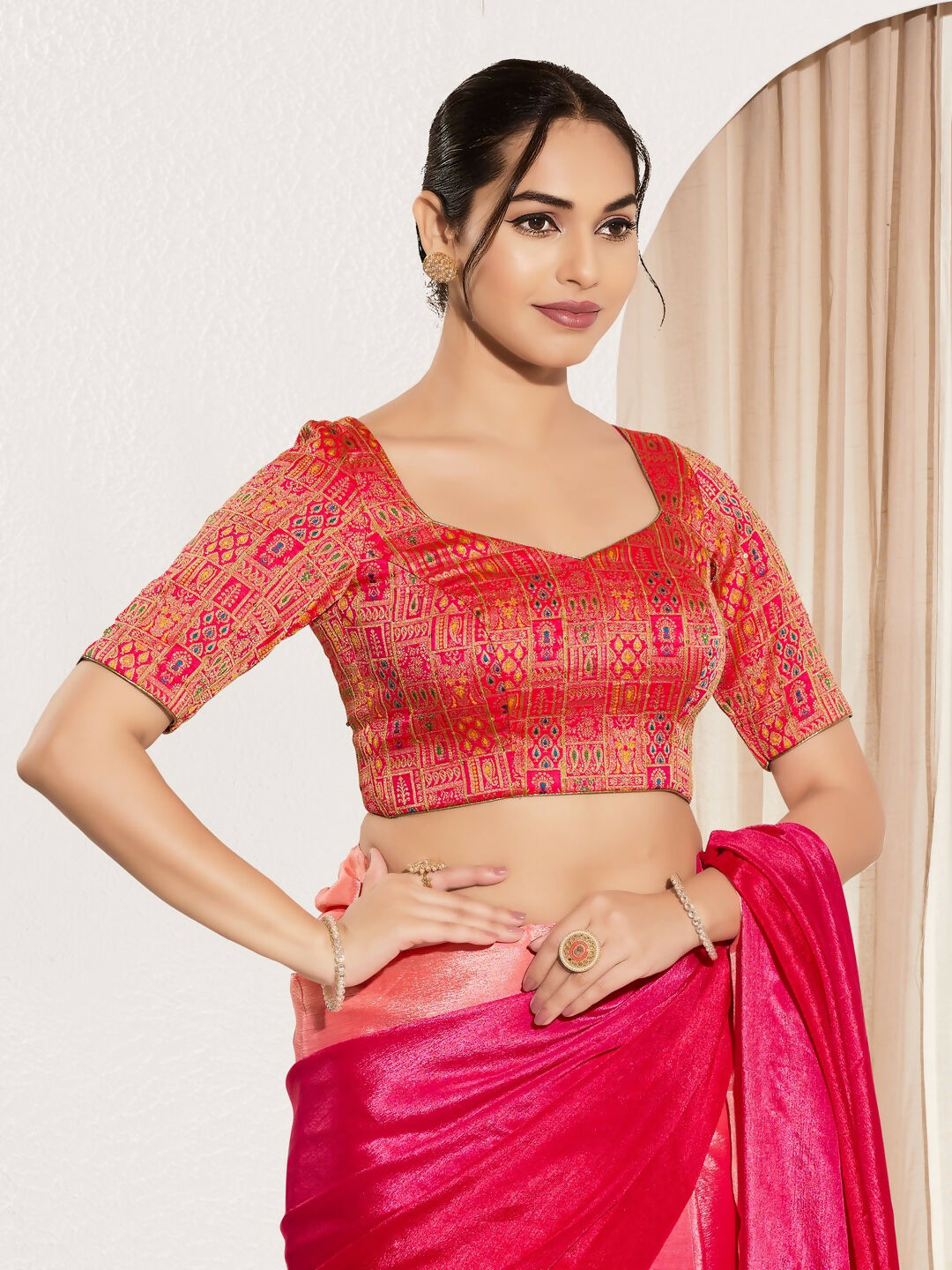 Joban Fashion Red Brocade Padded Blouse With Round Neck Elbow Sleeves | Grocsy