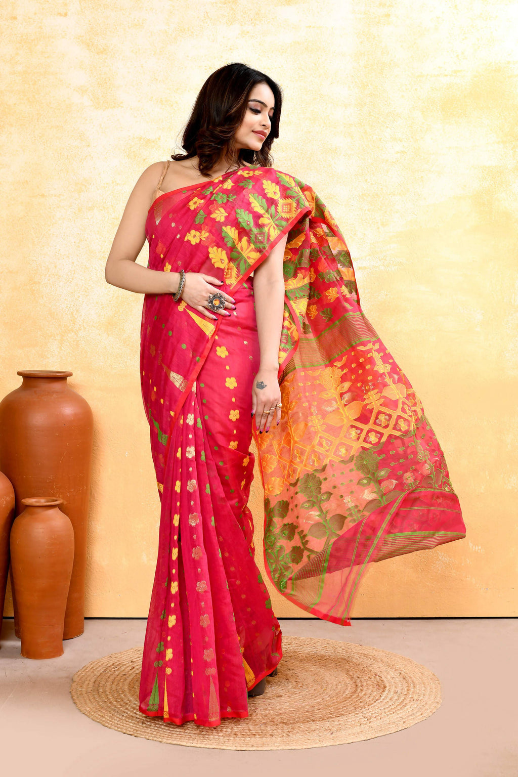 Piyari Fashion Women's Red Embellished Cotton Blend Jamdani Saree | Grocsy