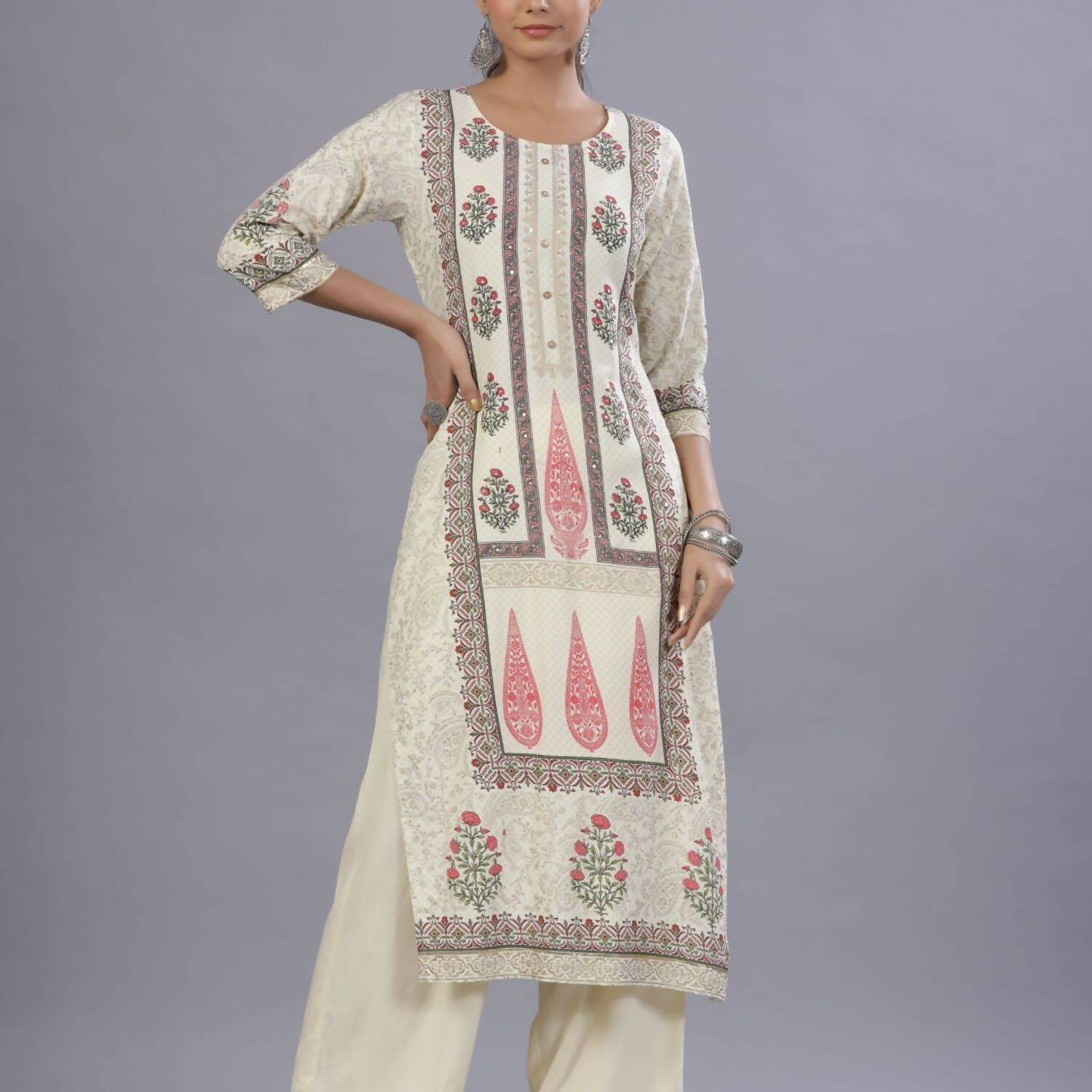 Juniper Women Yellow Rayon Printed Kurta, Pants and Dupatta Set | Grocsy