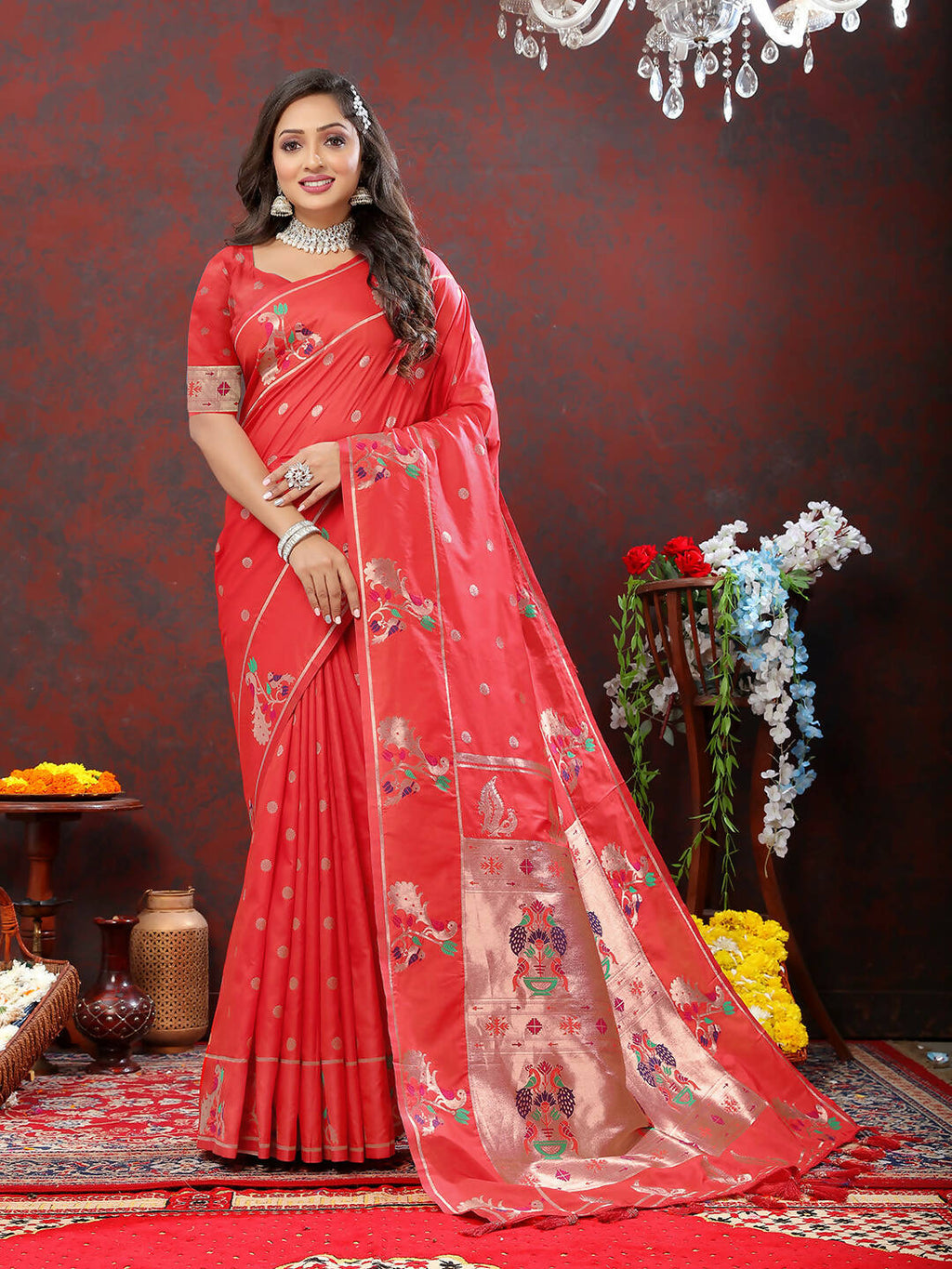 Lorenvalley Fashion Red Soft Paithani Silk Woven Design Copper Zari Meenakari Weaving Saree | Grocsy