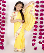 Little Bansi Girls Yellow Color 90's Era Saree with Silk Floral Blouse | Grocsy