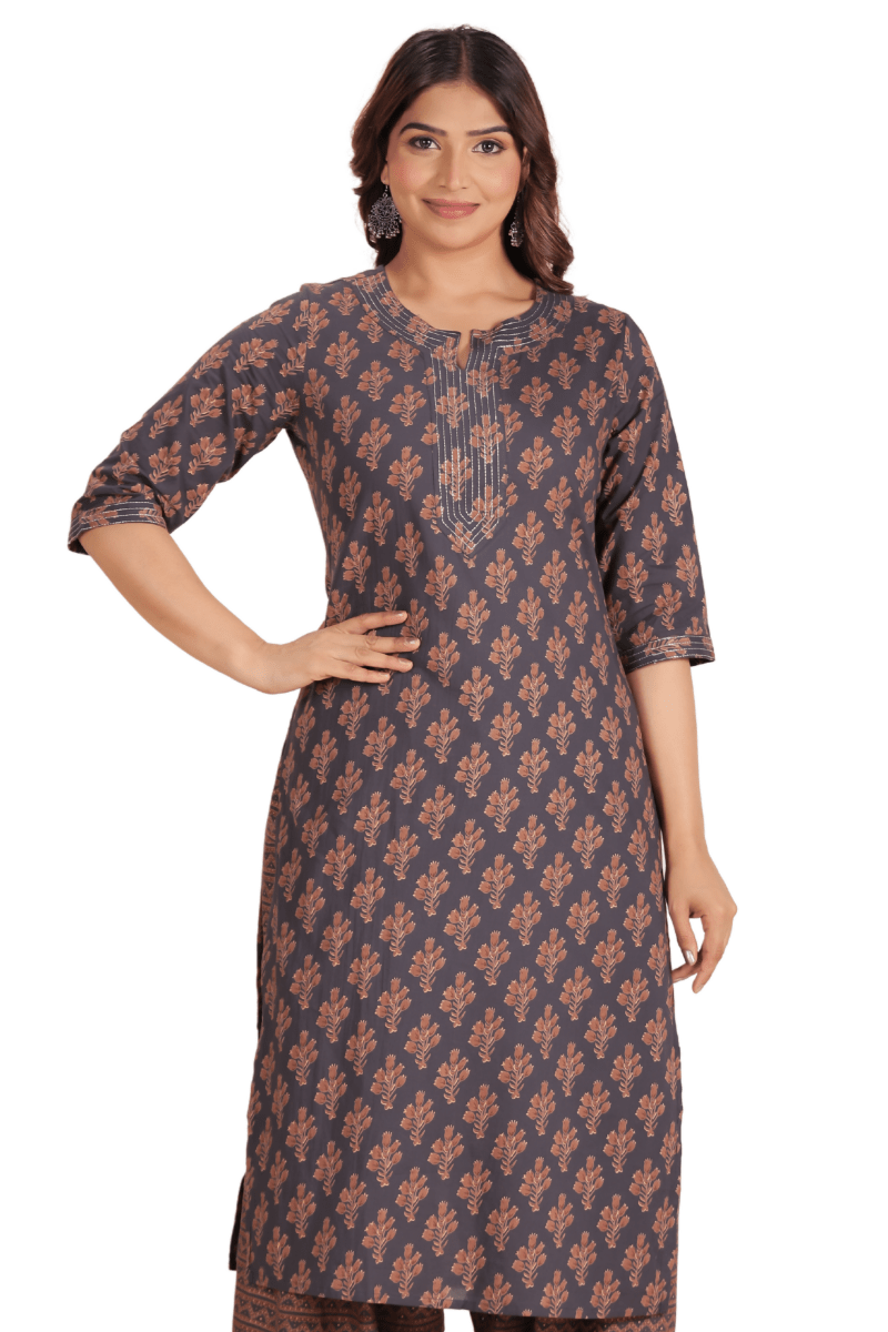 Aramya Straight Soft Cotton Floral Print Women's Kurta - Grey | Grocsy