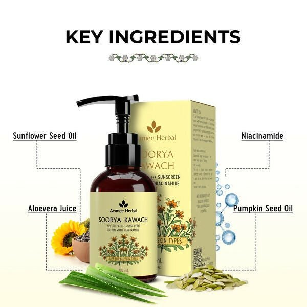 Avimee Herbal Soorya Kawach SPF 50 PA++++ Niacinamide Sunscreen Lotion | Grocsy