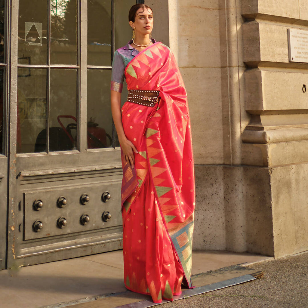 Brick Red Handloom Khaddi Silk Saree With Contrast Pallu & Blouse - Rajtex Khwaab Silk | Grocsy
