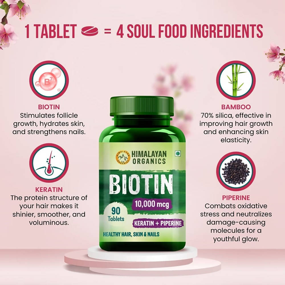 Himalayan Organics Biotin 10000 Mcg with Keratin + Piperine Tablets | Grocsy