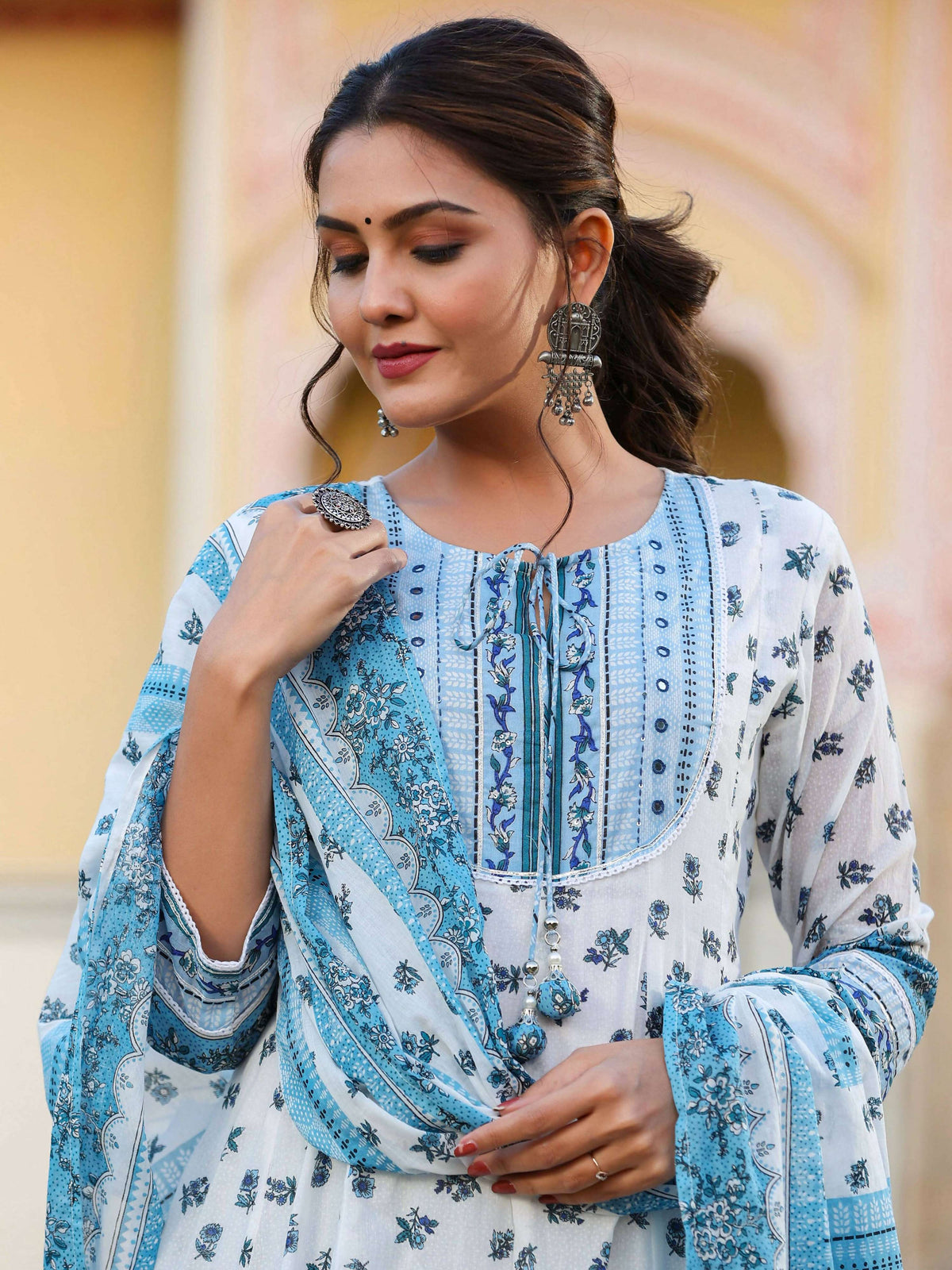 Juniper Women's White Cotton Voile Floral Printed Kurta With Cambric Straight Pant And Voile Duptta | Grocsy