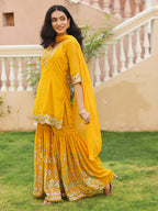 Juniper Women's Mustard Thread Embroidered Georgette Kurta Sharara And Dupatta Set With Sequins & Mirror Work | Grocsy