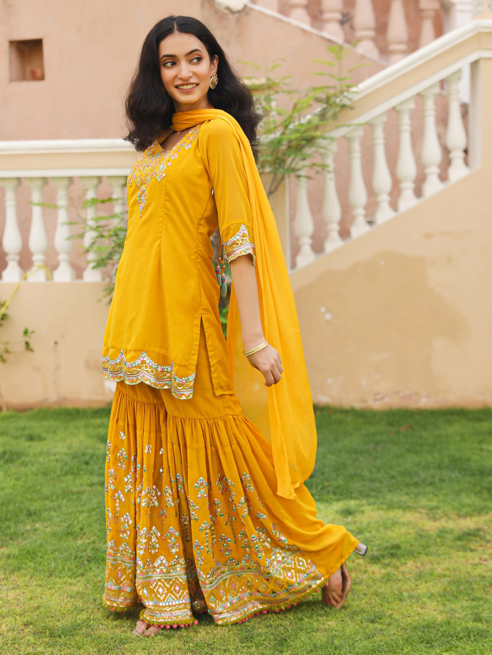 Juniper Women's Mustard Thread Embroidered Georgette Kurta Sharara And Dupatta Set With Sequins & Mirror Work | Grocsy