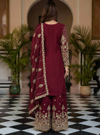 Joban Fashion Maroon Silk Embroidered Sharara Set | Grocsy