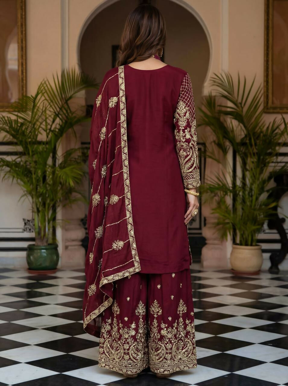 Joban Fashion Maroon Silk Embroidered Sharara Set | Grocsy