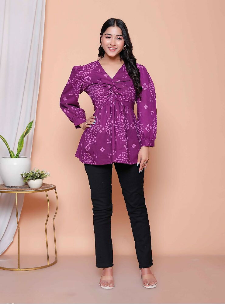 Miravan Womens Purple Bandhani Printed Butterfly Style Top | Grocsy