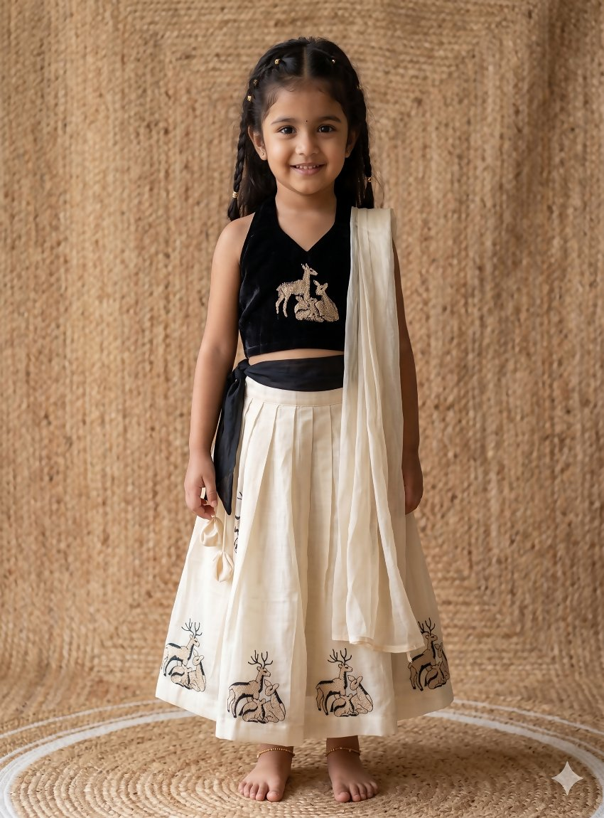Teeya Creation New Latest Kids Off-White Silk Lehenga With Black Velvet Choli & Deer Embroidery Motif-Black | Grocsy