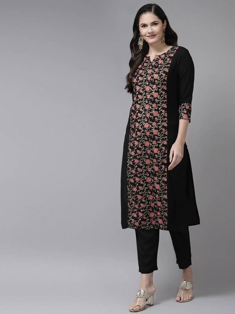 Yufta Women Black Ethnic Motifs Printed Paneled Kurta with Trouser | Grocsy