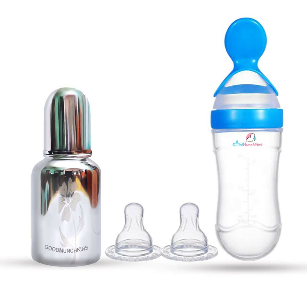 Goodmunchkins Stainless Steel Feeding Bottle & Spoon Food Feeder Anti Colic Silicone Nipple Combo-(Blue, 150ml) | Grocsy