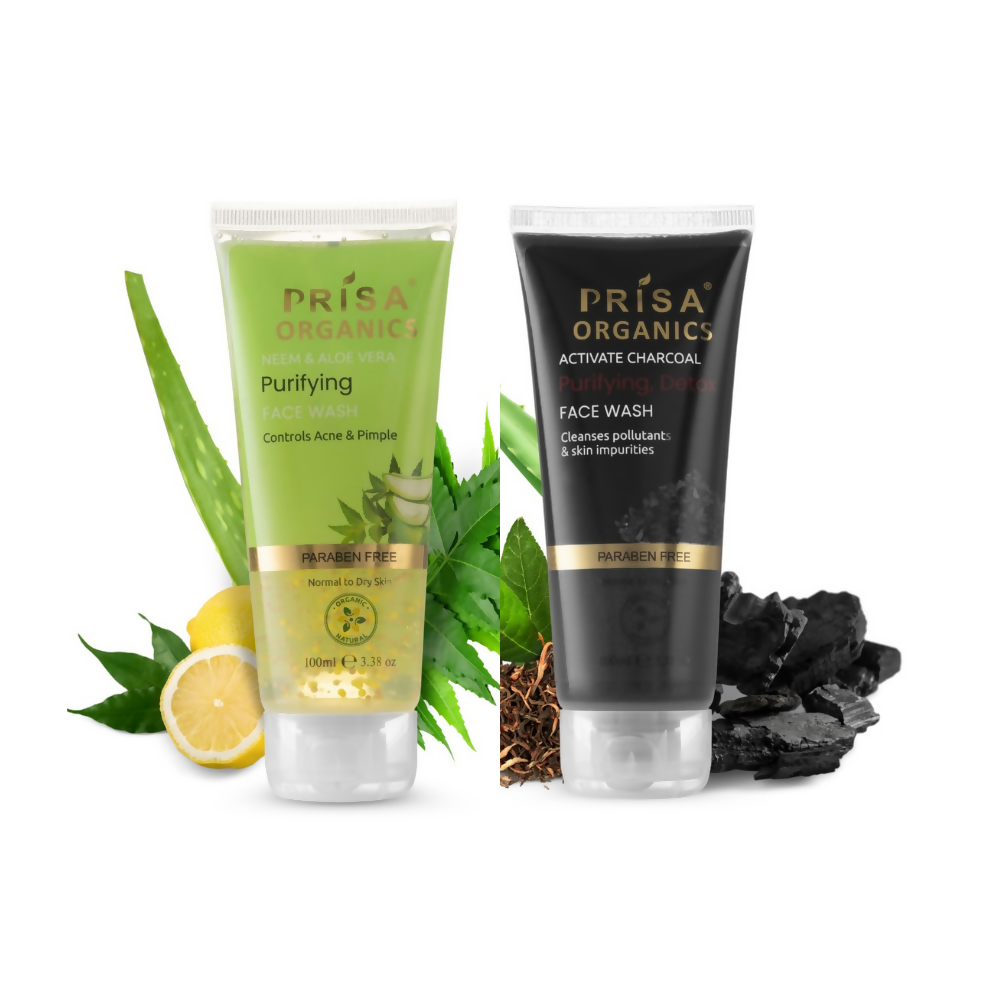 Prisa Organics Neem & Aloevera Purifying Face Wash & Activated Charcoal Face Wash Combo | Grocsy