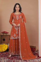 Joban Fashion Dark Orange Georgette Embroidered Sharara Set | Grocsy