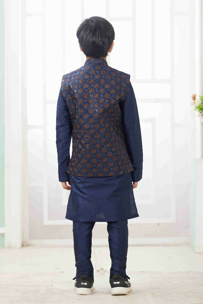 Raivat Ethnic Art Silk Embroidery Work 3 Pics Jacket Set In Navy Blue Colour | Grocsy
