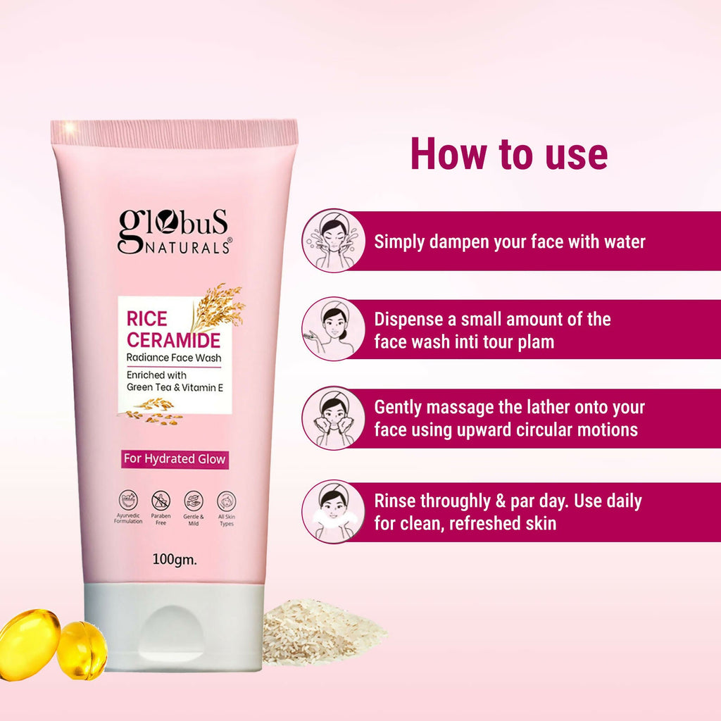 Globus Naturals Rice Ceramide Face Wash For Hydrated Glow, Enriched with Green Tea & Vitamin E | Grocsy
