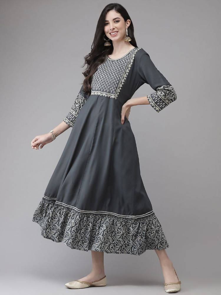 Yufta Grey Embroidered Ethnic Maxi Dress | Grocsy