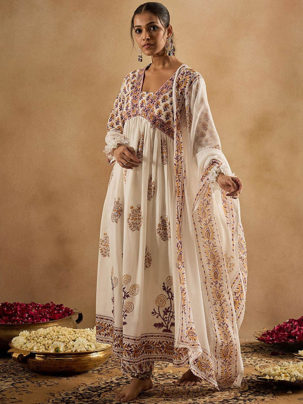 Indo Era Women Floral Printed Empire Pure Cotton Kurta with Trousers & With Dupatta | Grocsy